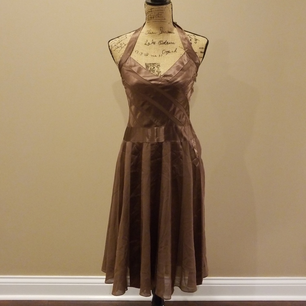 BCBGMaxAzria silk brown halter tie neck gown Rack